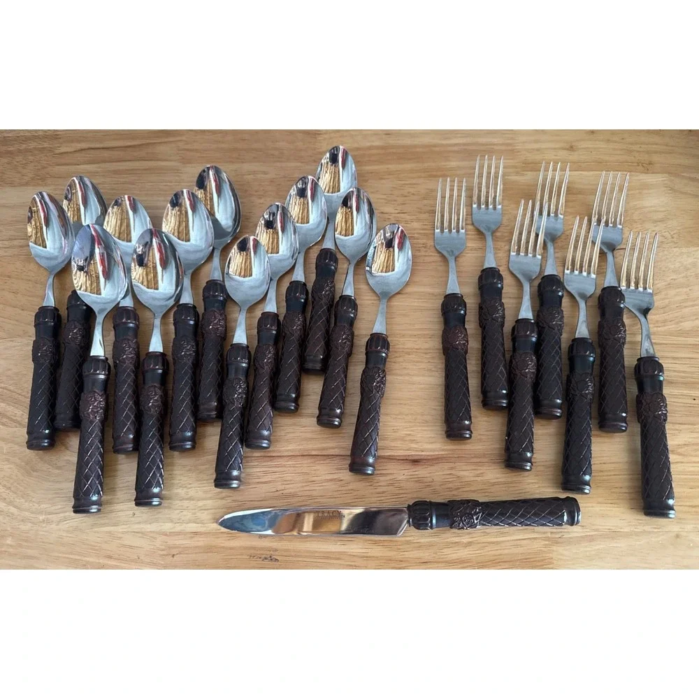 Tracy Porter Tiki Bamboo Resin Flatware Brown Tropical Stainless 21 Piece Set
